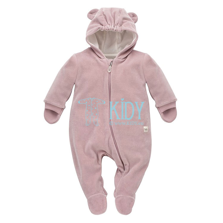 Pink HELLO velor snowsuit with mitts