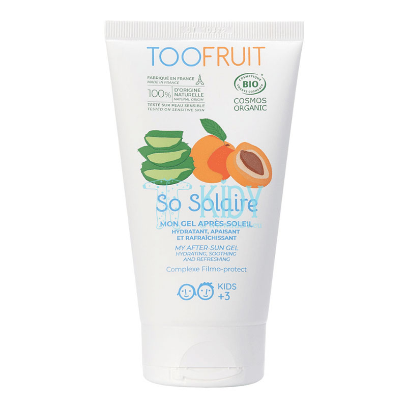 Organic caring and refreshing after-sun gel for children with aloe vera and apricot oil