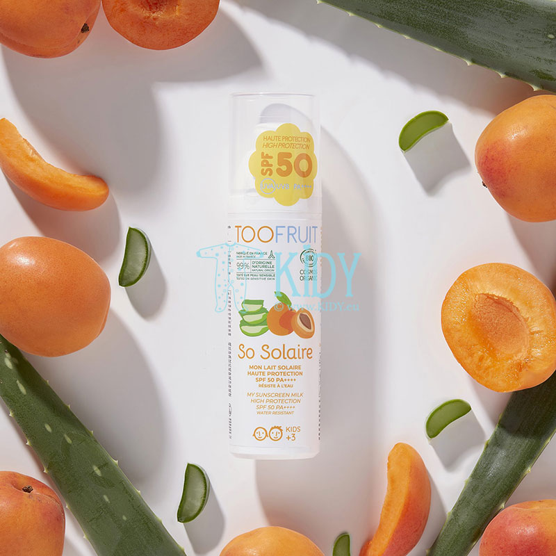 Crème solaire bio SPF50 pour enfants avec filtres minéraux et parfum abricot