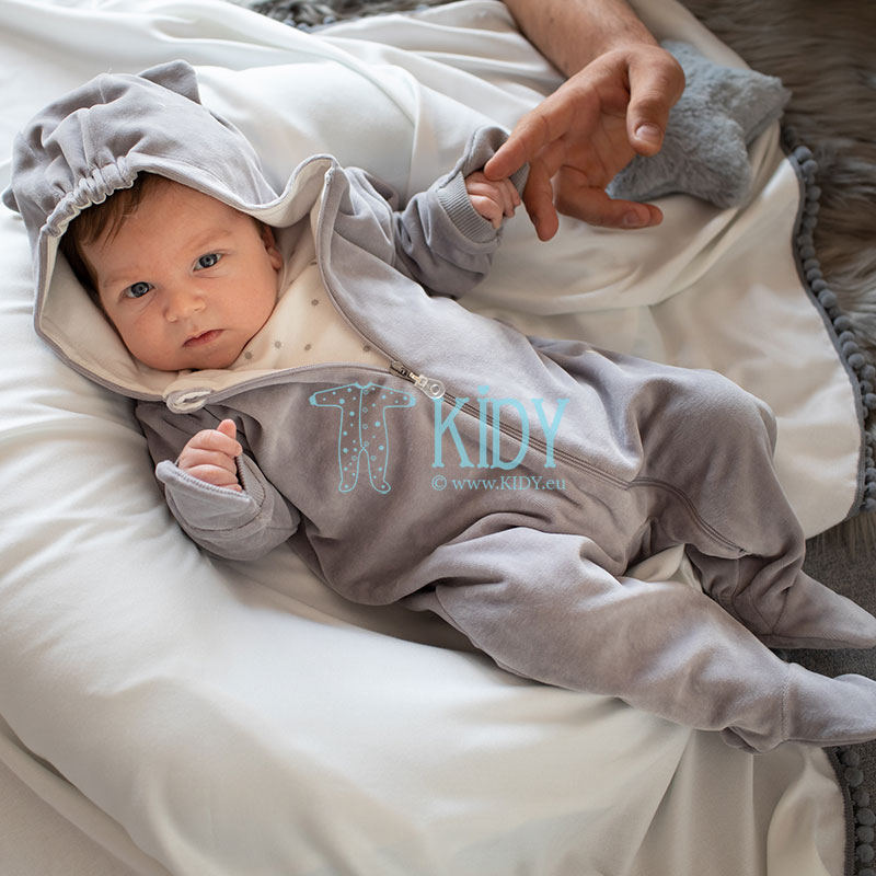 Gray HELLO velor snowsuit with mitts