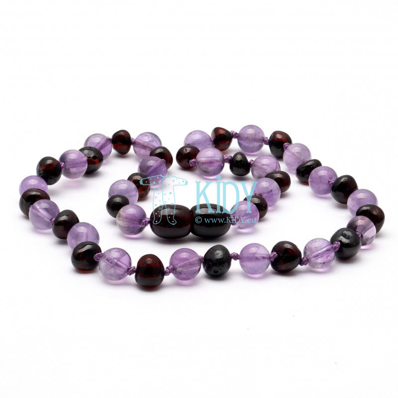 Amber BLACK teething necklace with amethyst