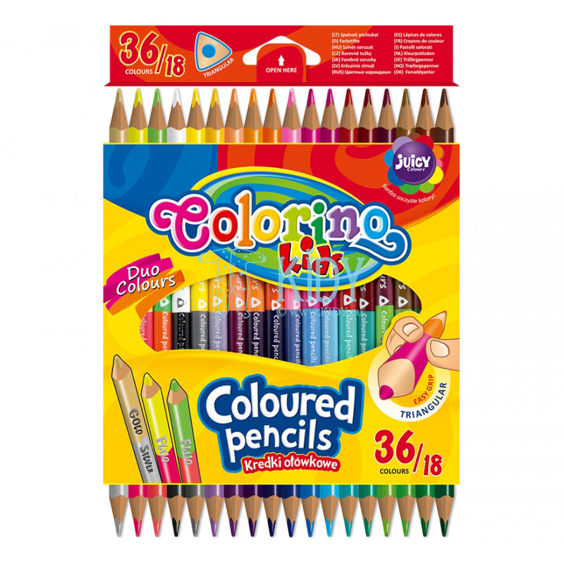 Trikampiai spalvoti pieštukai 18 vnt / 36 spalvų (Colorino Kids)
